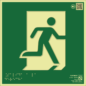 Placa fotoluminiscente Salida de emergencia a la derecha, braille y altorrelieve, con QR