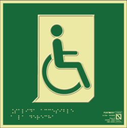 Placa fotoluminiscente Salida de emergencia accesible a la derecha, braille y altorrelieve