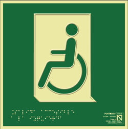 Placa fotoluminiscente Salida de emergencia accesible a la izquierda, braille y altorrelieve
