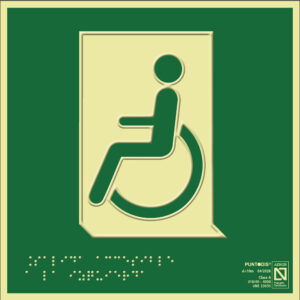 Placa fotoluminiscente Salida de emergencia accesible a la izquierda, braille y altorrelieve