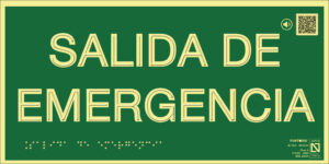 Placa fotoluminiscente Salida de emergencia con braille y altorrelieve, con QR