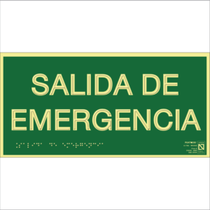 Placa fotoluminiscente Salida de emergencia con braille y altorrelieve