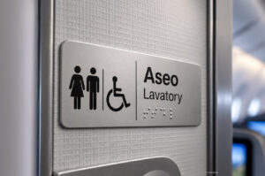 Señalización de un aseo de avión con pictogramas, texto escrito y braille.