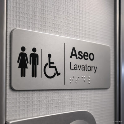 Señalización de un aseo de avión con pictogramas, texto escrito y braille.