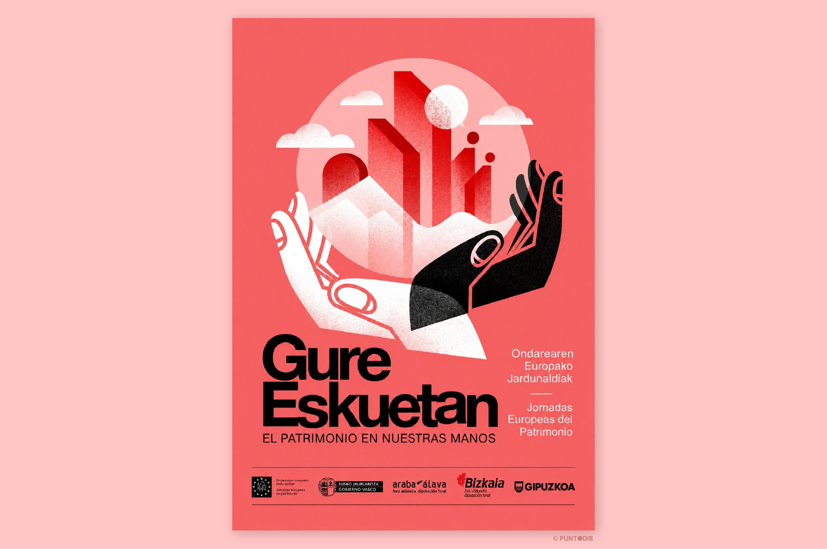 Cartel de las Jornadas Europeas del Patrimonio 2026. Sobre un fondo coral, una ilustración muestra dos manos, una blanca y otra negra, que sostienen una composición de edificios, montañas, nubes y un sol. En la parte inferior aparece el lema “El patrimonio en nuestras manos”, en castellano y euskera. A la derecha se lee “Jornadas Europeas del Patrimonio”, también en ambos idiomas. Al pie figuran los logotipos de las instituciones organizadoras.