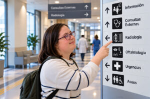 Mujer con gafas se orienta en un hospital consultando un directorio con flechas, pictogramas y texto.