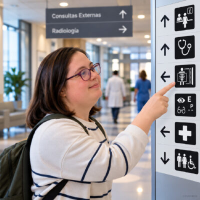 Mujer con gafas se orienta en un hospital consultando un directorio con flechas, pictogramas y texto.