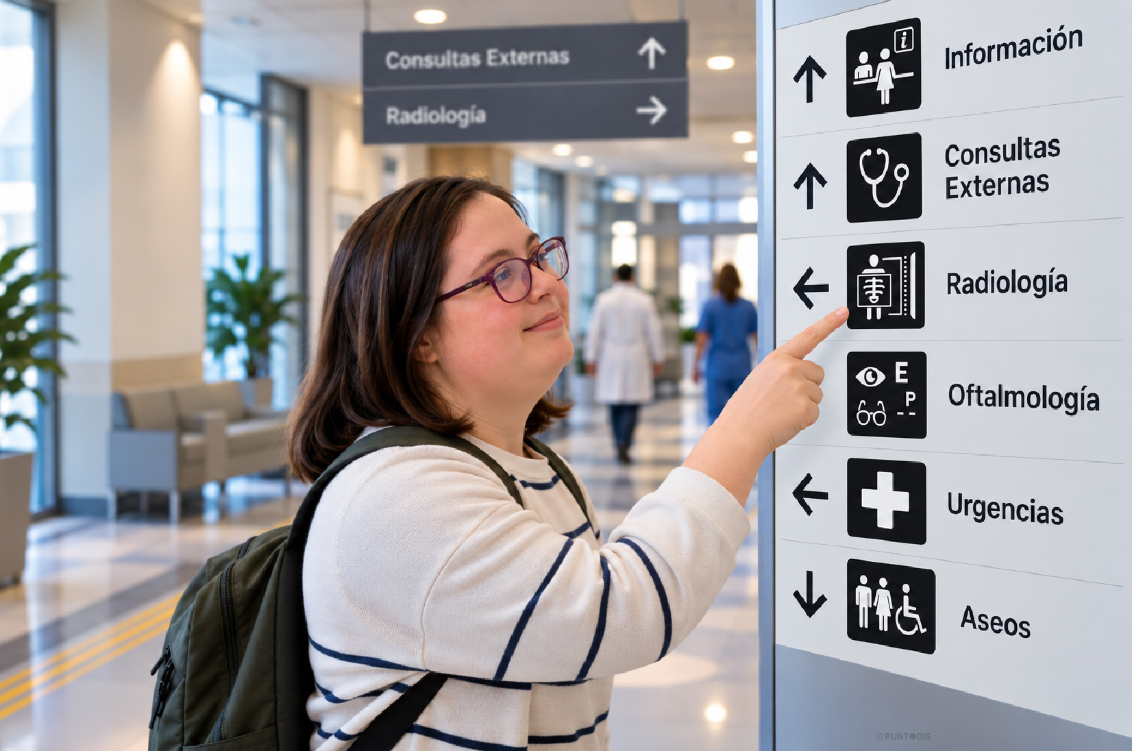 Mujer con gafas se orienta en un hospital consultando un directorio con flechas, pictogramas y texto.