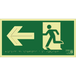 Placa fotoluminiscente Salida de emergencia a la izquierda con braille y altorrelieve