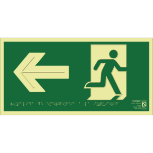 Placa fotoluminiscente Salida de emergencia a la izquierda con braille y altorrelieve