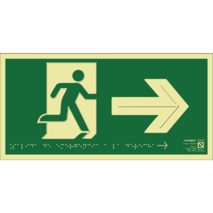 Placa fotoluminiscente Salida de emergencia a la derecha con braille y altorrelieve