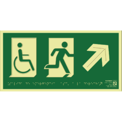 Placa fotoluminiscente Salida de emergencia a la derecha ascendente accesible con braille y altorrelieve