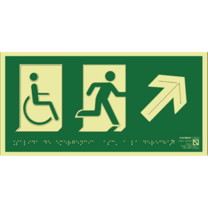Placa fotoluminiscente Salida de emergencia a la derecha ascendente accesible con braille y altorrelieve