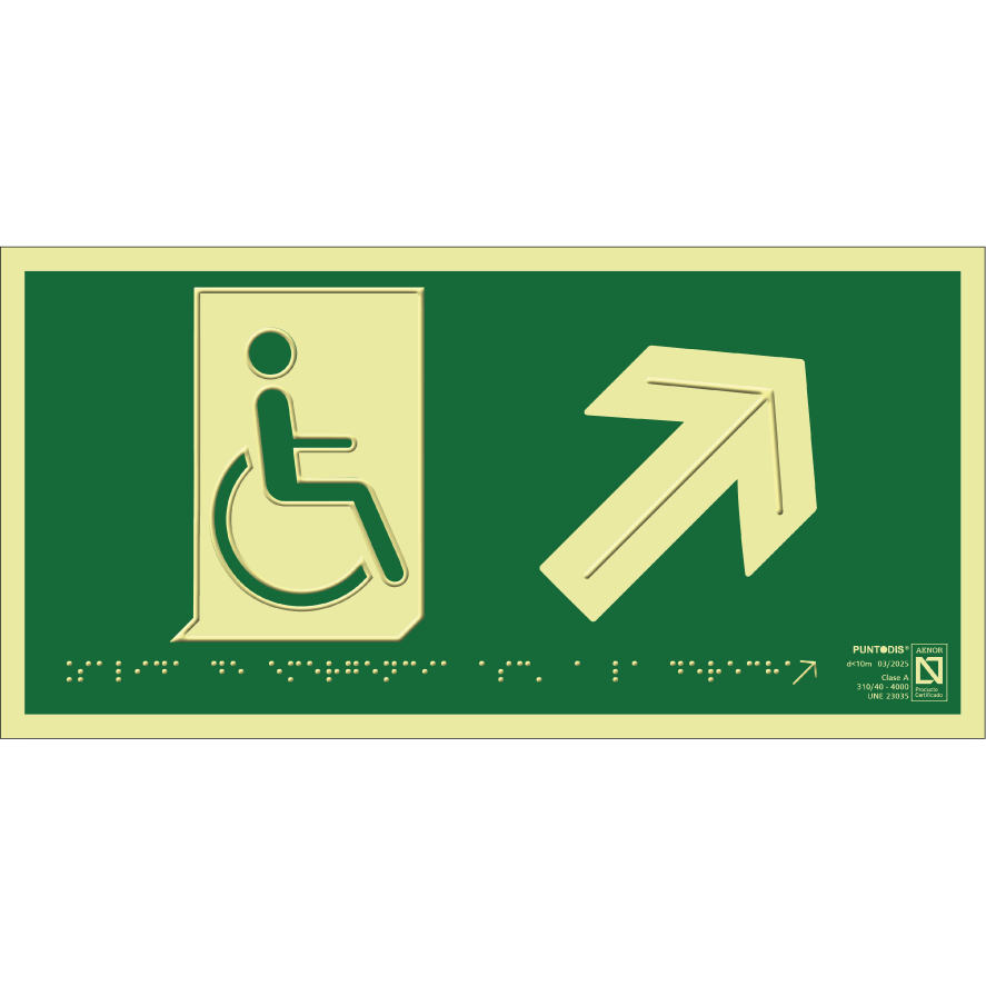 Placa fotoluminiscente Salida de emergencia a la derecha ascendente con braille y altorrelieve