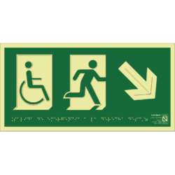 Placa fotoluminiscente Salida de emergencia a la derecha descendente accesible con braille y altorrelieve