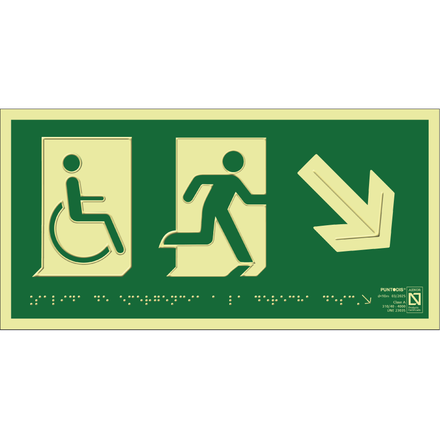 Placa fotoluminiscente Salida de emergencia a la derecha descendente con silla de ruedas