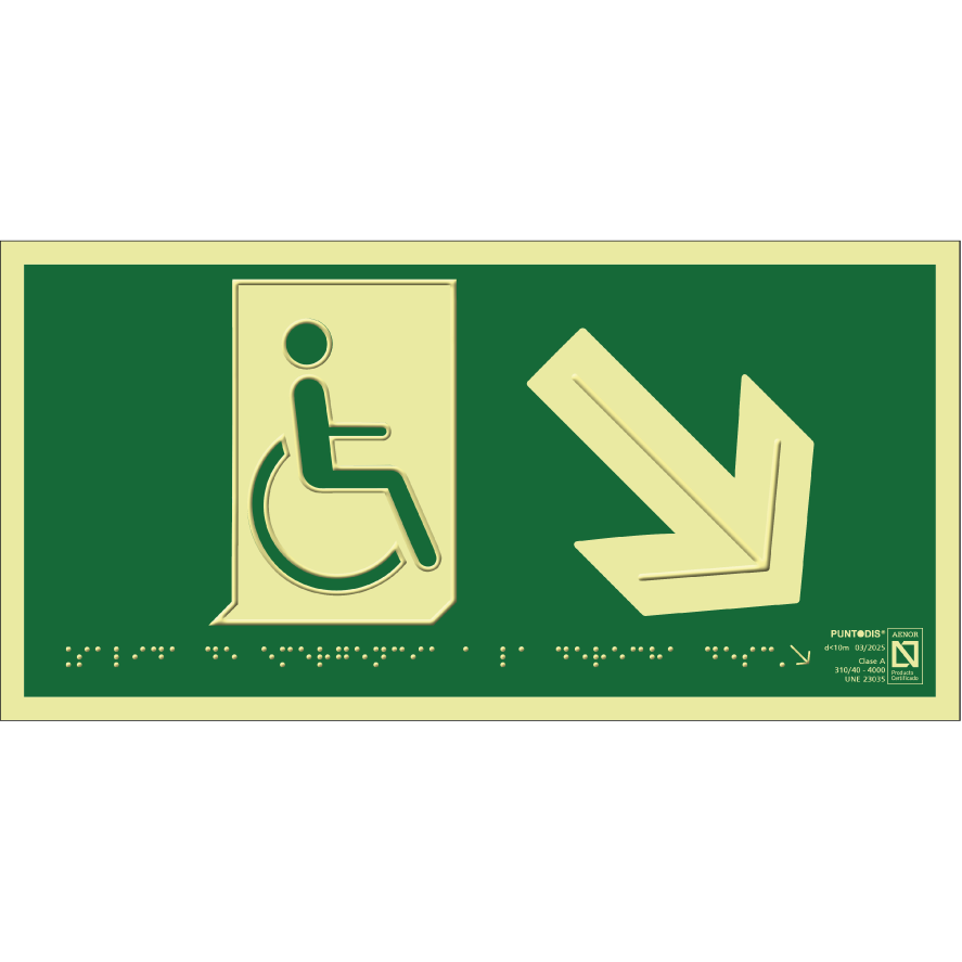 Placa fotoluminiscente Salida de emergencia a la derecha descendente con braille y altorrelieve