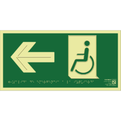 Placa fotoluminiscente Salida de emergencia a la izquierda con braille y altorrelieve