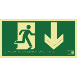 Placa fotoluminiscente Salida de emergencia hacia abajo con braille y altorrelieve