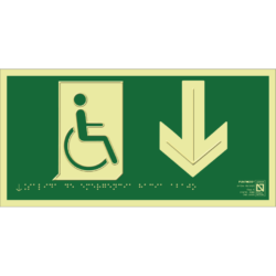 Placa fotoluminiscente Salida de emergencia hacia abajo con braille y altorrelieve
