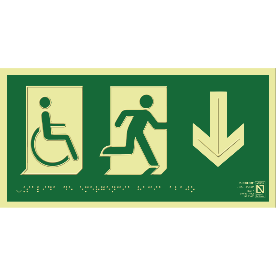 Placa fotoluminiscente Salida de emergencia hacia abajo con silla de ruedas