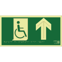 Placa fotoluminiscente Salida de emergencia hacia arriba con braille y altorrelieve