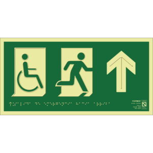 Placa fotoluminiscente Salida de emergencia hacia arriba con braille y altorrelieve