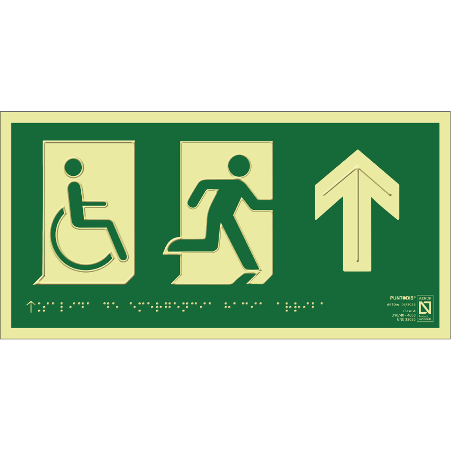 Placa fotoluminiscente Salida de emergencia hacia arriba con silla de ruedas