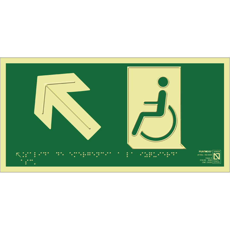 Placa fotoluminiscente Salida de emergencia a la izquierda ascendente con braille y altorrelieve