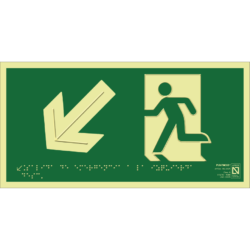 Placa fotoluminiscente Salida de emergencia a la izquierda descendente con braille y altorrelieve
