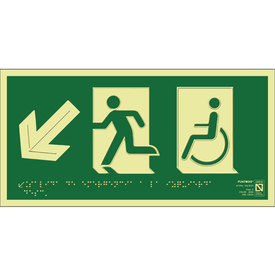 Placa fotoluminiscente Salida de emergencia a la izquierda descendente con silla de ruedas