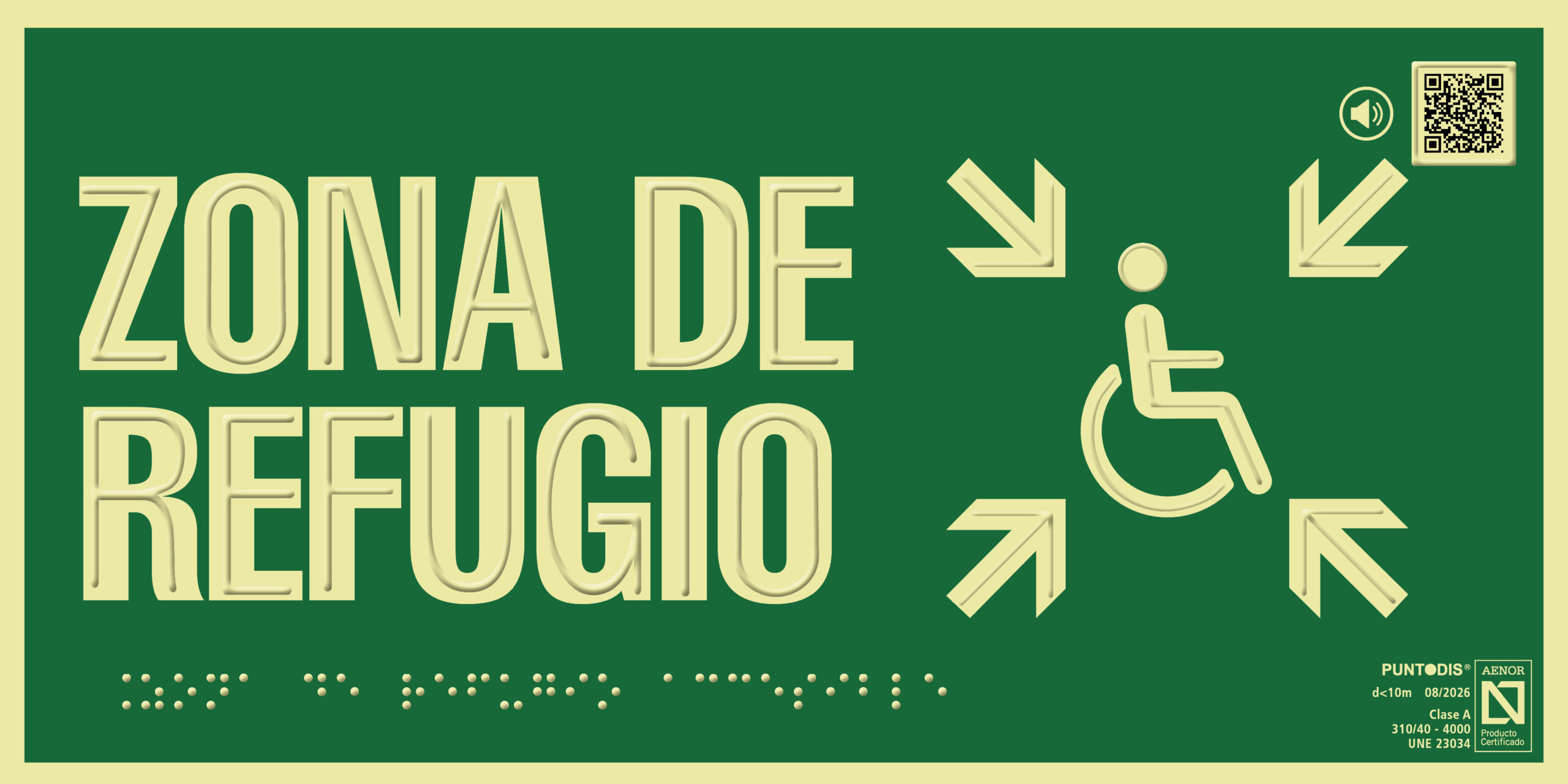 Placa fotoluminiscente Zona de refugio, braille y altorrelieve, con QR