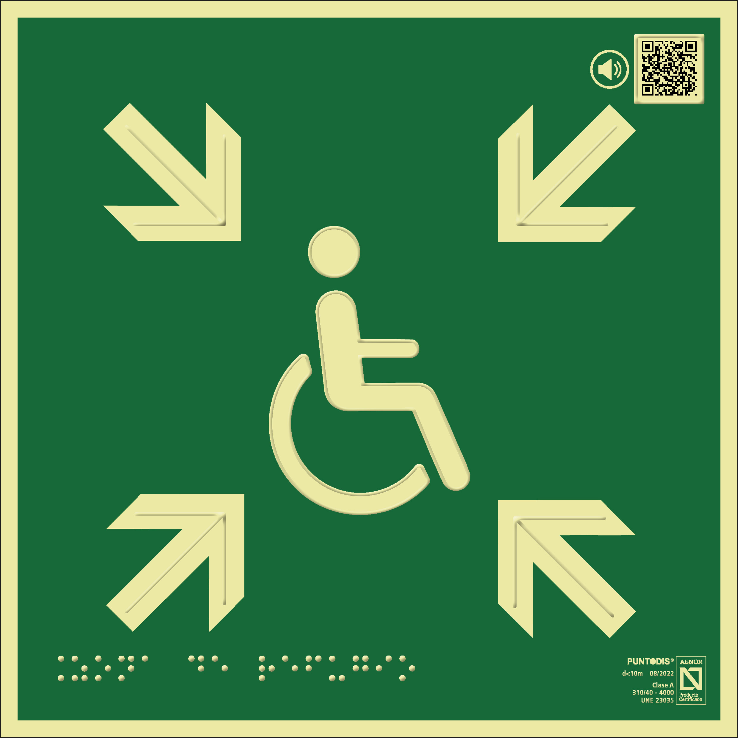 Placa fotoluminiscente Zona de refugio, braille y altorrelieve, con QR